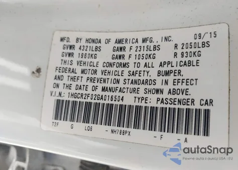 2016 Honda Accord Ex из США, поврежденный, VIN 1HGCR2F02GA016504